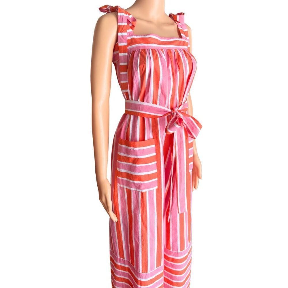 Pink City Prints Raspberry Stripe Palma Dress Small Tie Strap Midi Pockets - Picture 6 of 9